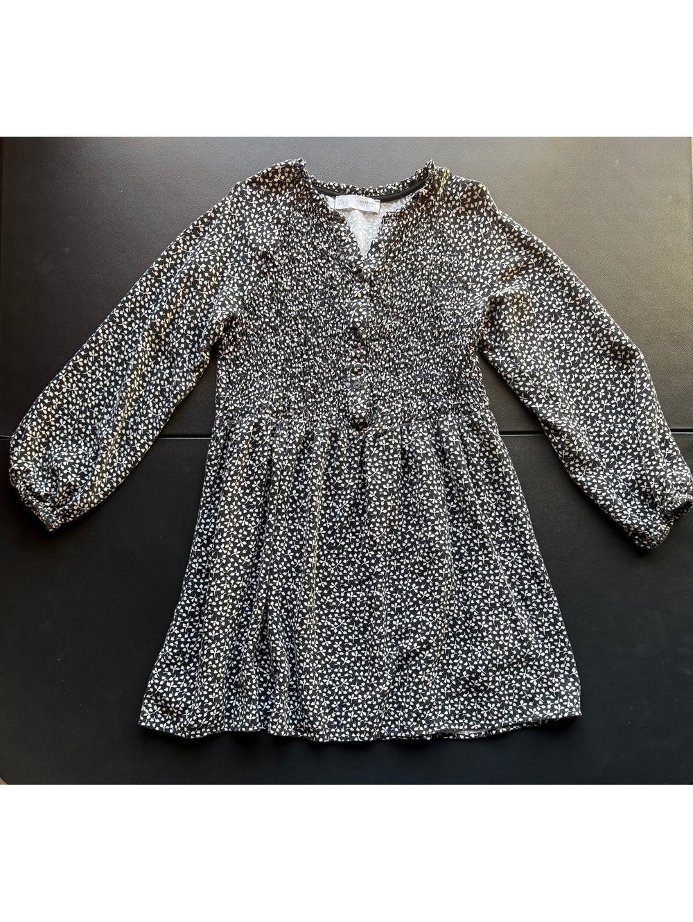 Zara Girls 10 Black Floral Smocked Babydoll Dress Long Sleeve Cottagecore